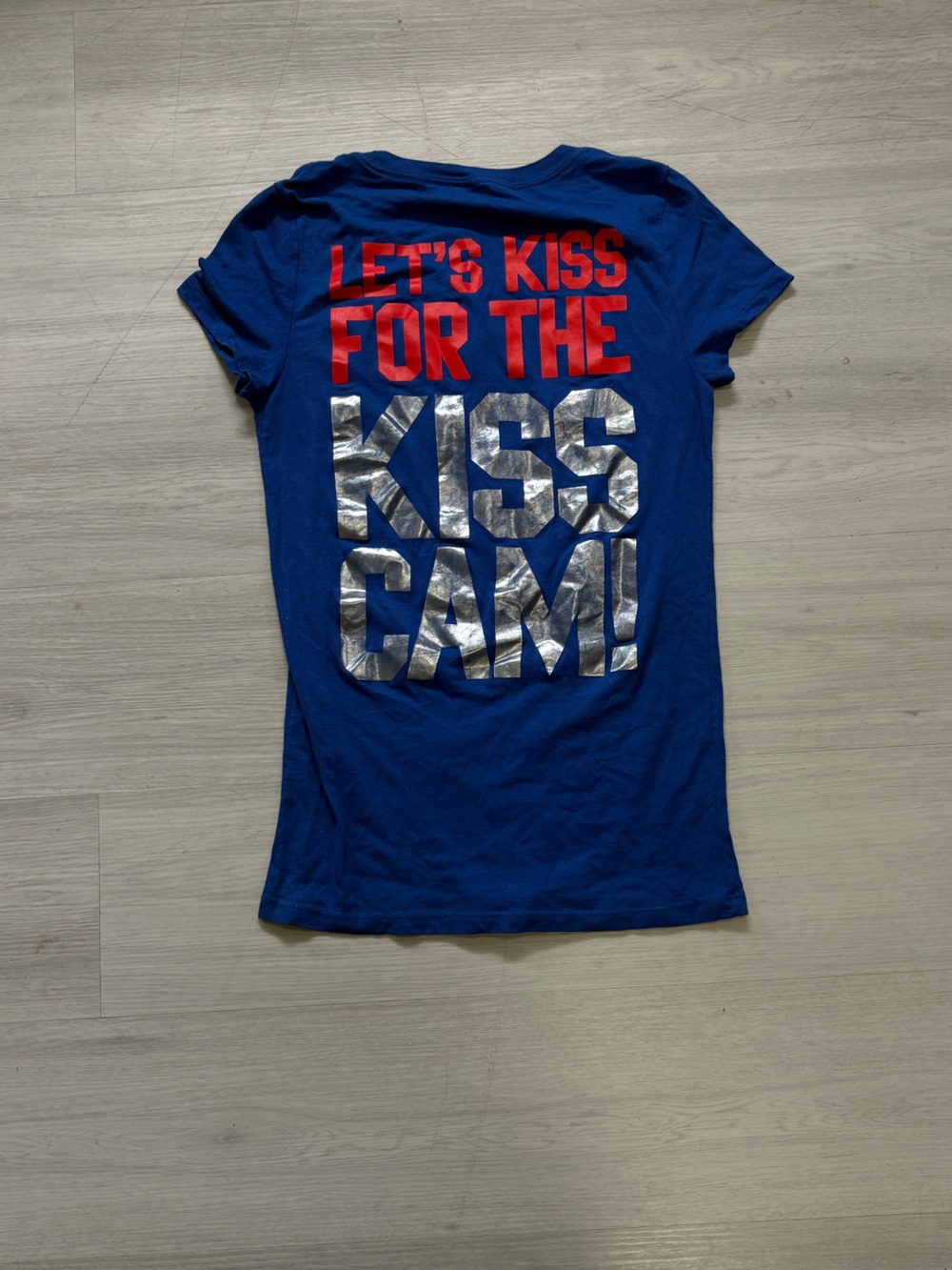 PINK Victoria's Secret Blue Short Sleeve Tee with Red and Silver Graphic
